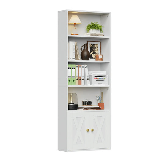 JOZ 5 Shelf Bookcase with Doors in White - Adjustable Feet Floor Standing Storage Cabinet for Home Office and Living Room 1 Piece