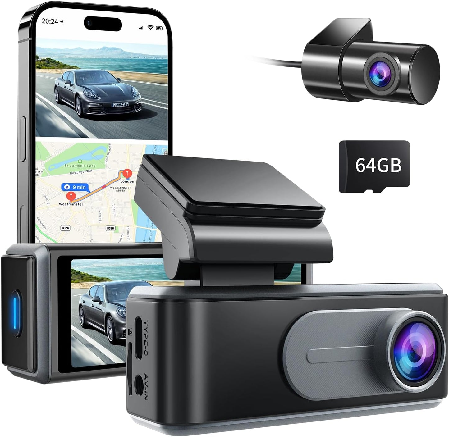 NEX-POW Dash Cam Front Rear, 4k+1080P WiFi Dual Dash Cam with APP