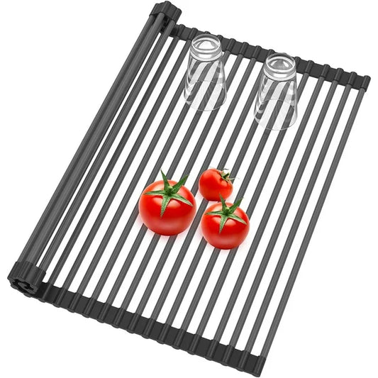 Over Sink Foldable Multipurpose Roll-Up Dish Drying Rack, Silicone Wrapped Stainless Steel 19.6''x 15.7''