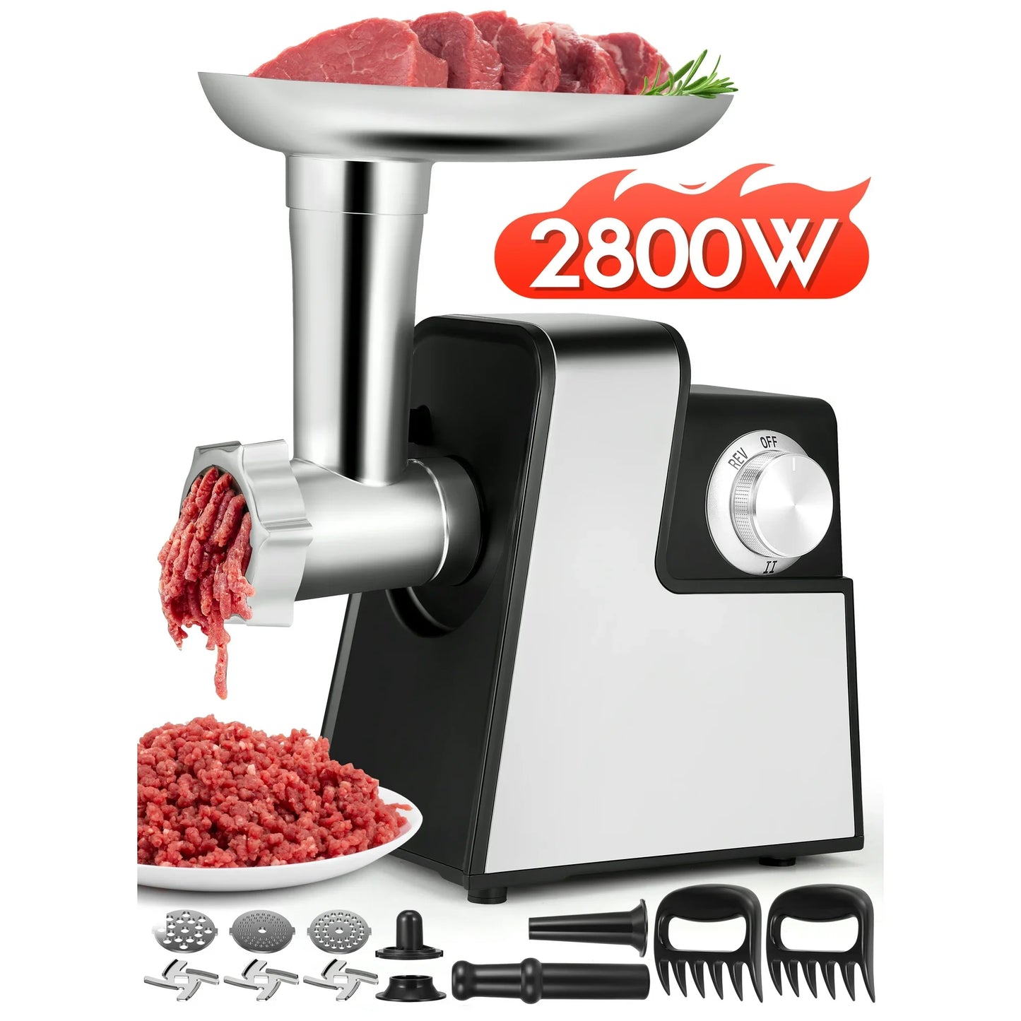 RELOIVE Meat Grinder, 2800W Electric Meat Grinder for Home Use 2 Adjustable Speeds Food Grinder with Sausage & Kubbe Kit, 3 Cutting Plates, 3 Grinding Blades, 2 Meat Claws