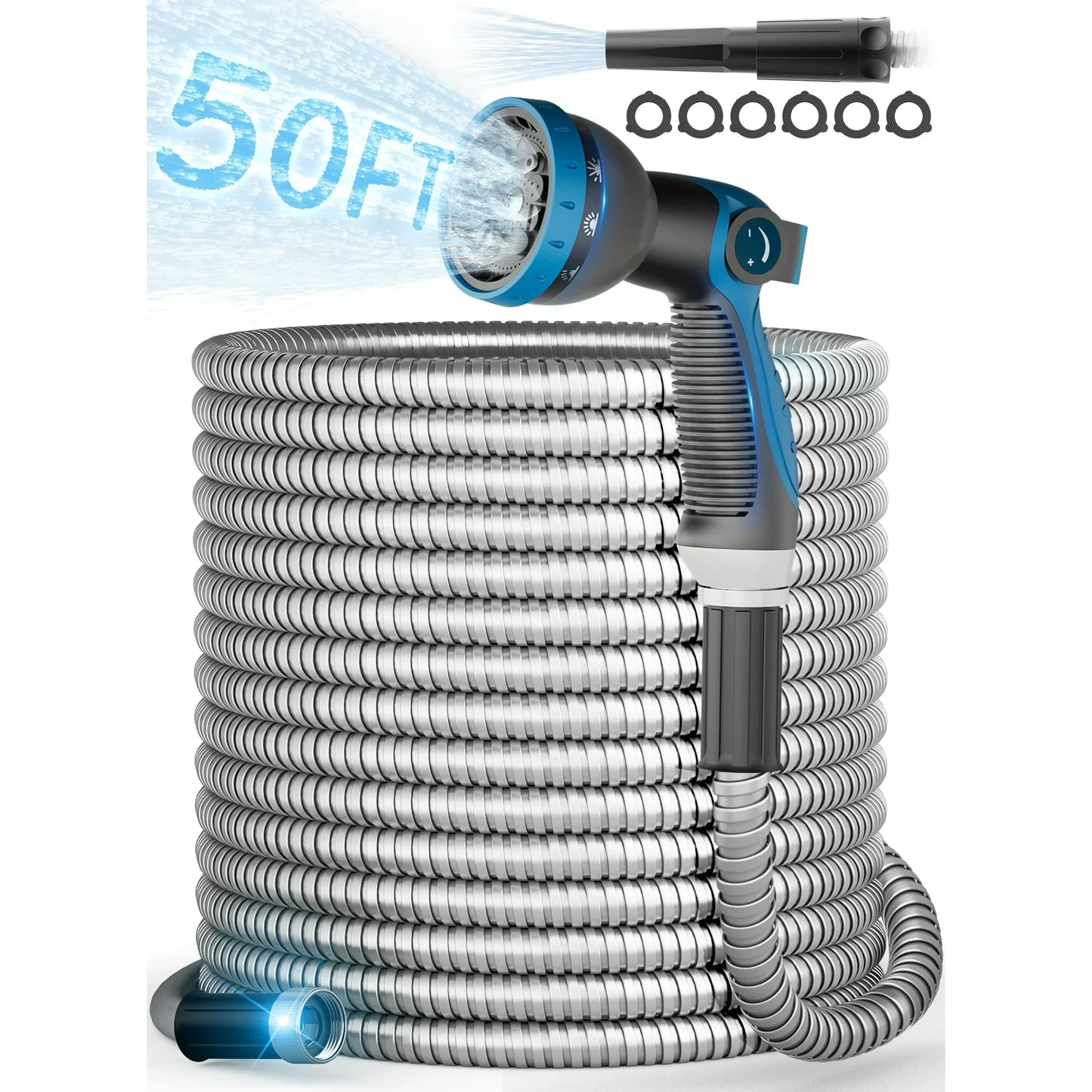 RELOIVE Metal Garden Hose 50ft, 304 Stainless Steel Garden Hose, Heavy Duty Water Hoses with 6 and 10 Function Hose Nozzle, Flexible, No Kink & Tangle, Puncture Proof Hose for Yard, Outdoors