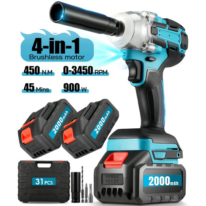 RELOIVE Cordless Impact Wrench 1/2", 332ft-lbs (450N.m) High Torque Impact Wrench with 2x 2.0A Batteries Brushless Motor Electric Impact Gun Impact Driver for Car Home