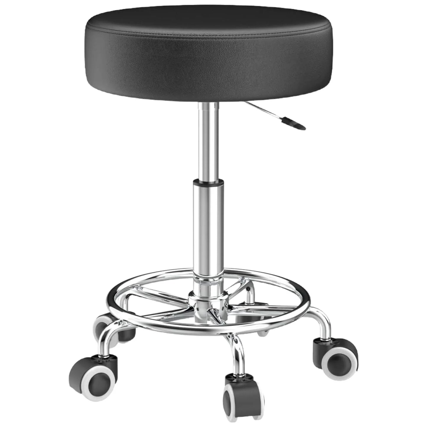 OUTMASTER Rolling Stool with Footrest PU Leather Height Adjustable for Home Salon Shop (Black)