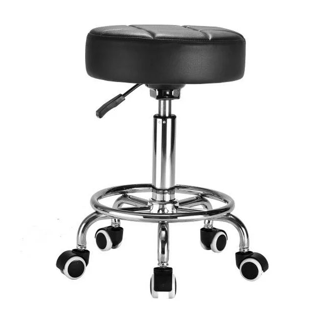 OUTMASTER Rolling Stool with Footrest PU Leather Height Adjustable for Home Salon Shop (Black)