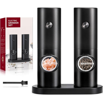 Salt and Pepper Grinder Set, Battery Powered with LED light, Adjustable Coarseness, Automatic Grinding for Kitchen, ABS Material, 2 Pack, Black