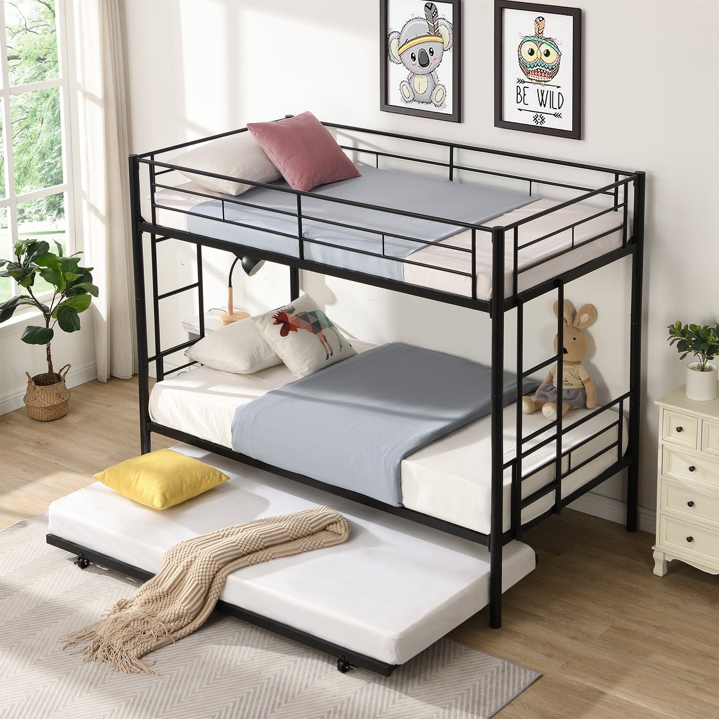 Twin over Twin Bunk Bed with Trundle, Heavy Duty Metal Bed Frame Sturdy Guard Rail and 2 Side Ladders for Kids/Adults,Can be Divided Into Two Beds,Black