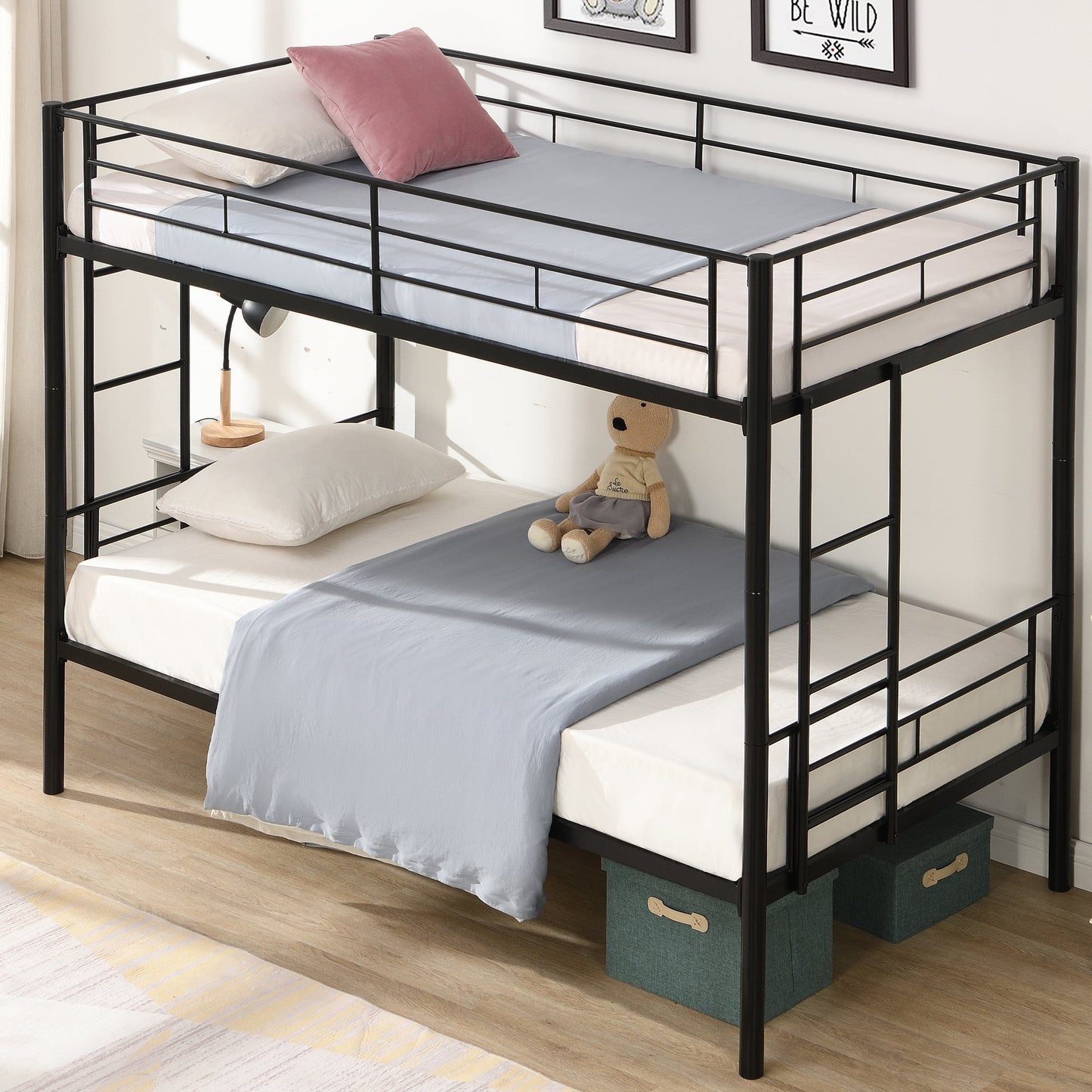 Twin Over Twin Metal Bunk Bed with 2 Ladder for Kids Bedroom,Heavy Duty Twin Size Bunk Beds with Full-Length Guardrail, 400lbs Weight Capacity, No Box Spring Needed,Black