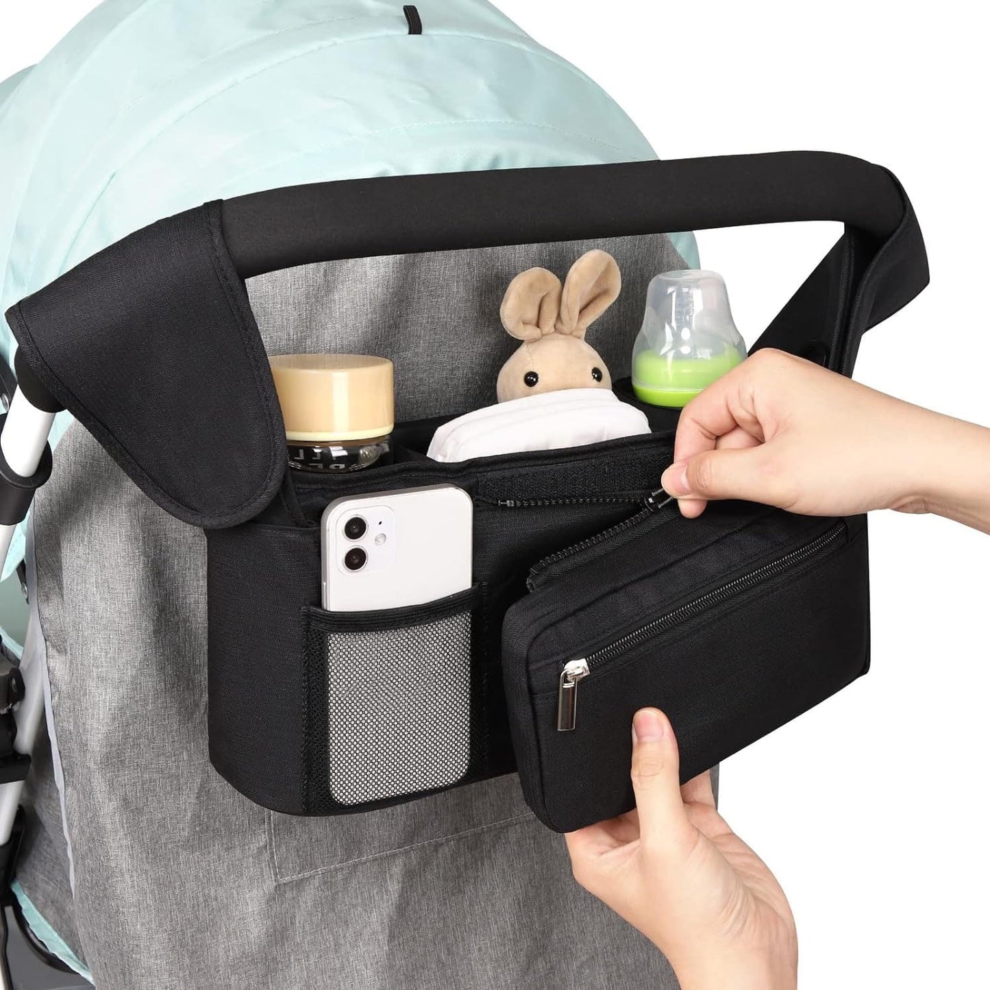 Universal Stroller Organizer, with Insulated Cup Holder Detachable Phone Bag and Shoulder Strap, Stroller Caddy Fits for Stroller Like Uppababy, Baby Jogger, Doona, Nuna, BOB, and Pet Stroller