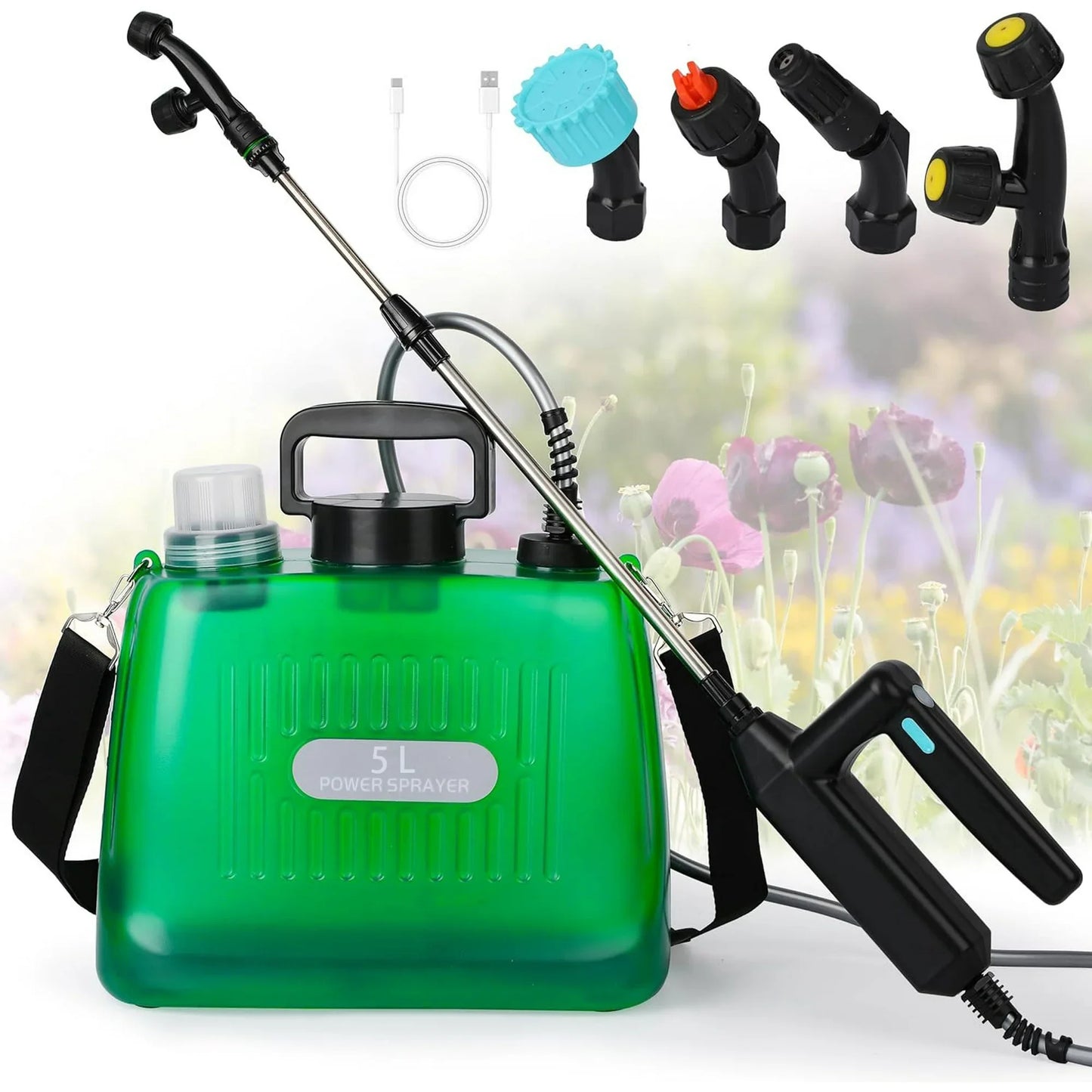 Upgrade Powerful Electric Garden Sprayer with 4 Mist Nozzles, 1.35 Gal Lawn Battery Powered Sprayer with USB Rechargeable Handle and Telescopic Wand, with Shoulder Strap for Gardening Green