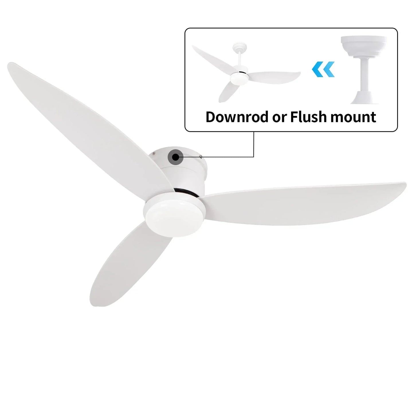 WOZZIO 52'' White Ceiling Fan with Light and Remote Control, 2 Options Installations, 3 ABS Fan Blades, Home