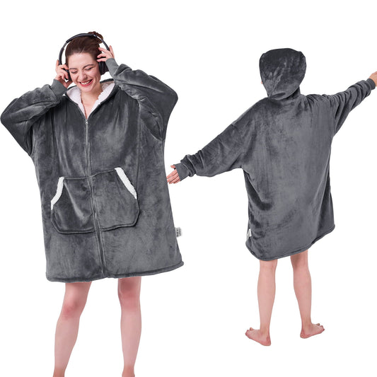 Wearable Blanket Hoodie, Oversized Giant Hoodie Wearable Blanket Sweatshirt for Adult, Sherpa Fleece Blanket Hoodie with Pocket, Warm Cozy Blanket with Zipper Sleeves Grey