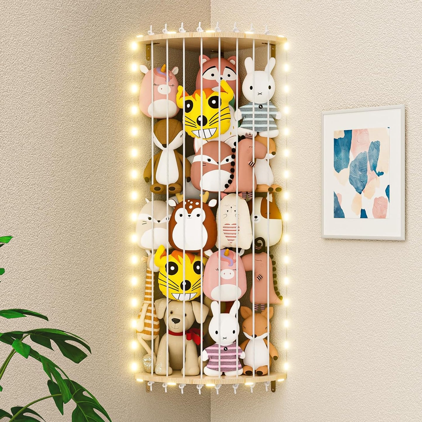 Wood Stuffed Animal Storage Corner Cage, Kids Stuffed Animals Holder with Lights Led Light & Adjustable Length, Nursery Wall Hanging Plush Toy Stuffed Animal Zoo Organizer for Kids Room Bedroom