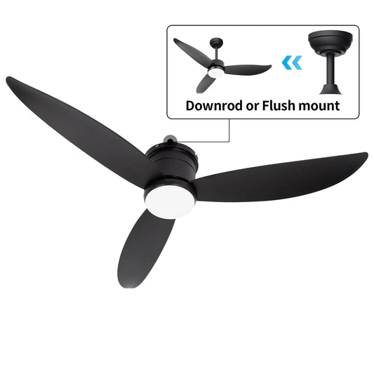 Wozzio 52'' Black Ceiling Fan with Light and Remote Control, 2 Options Installations, 3 ABS Fan Blades, Home