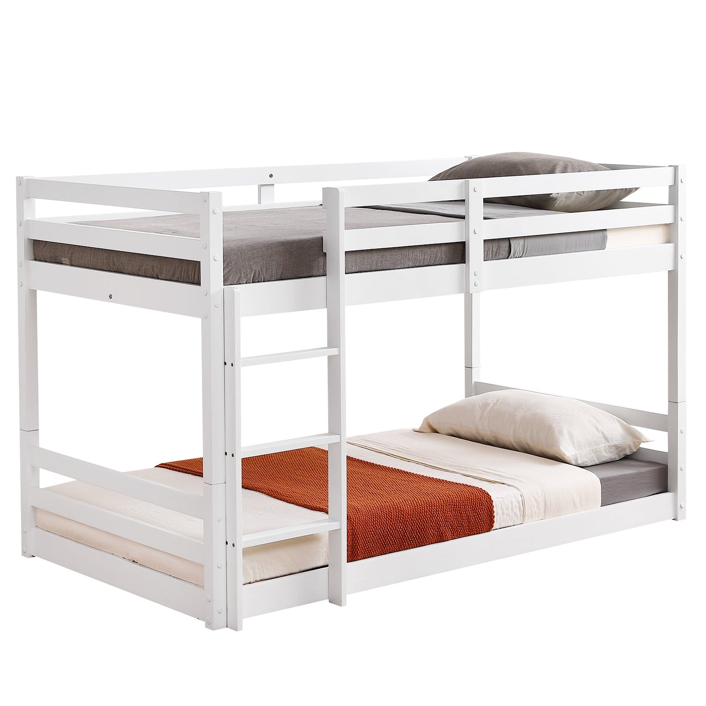 Zimtown Bunk Bed Twin Over Twin,Kids Low Floor Bunk Bed with Guard Rails for Children Boys Girls Dormitory Bedroom,No Box Spring Needed,White