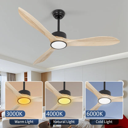 Wozzio 52 inch Ceiling Fan with Light and Remote, 3CCT Dimmable LED Light, 3 Reversible Natual Wood Blades,Indoor & Outdoor