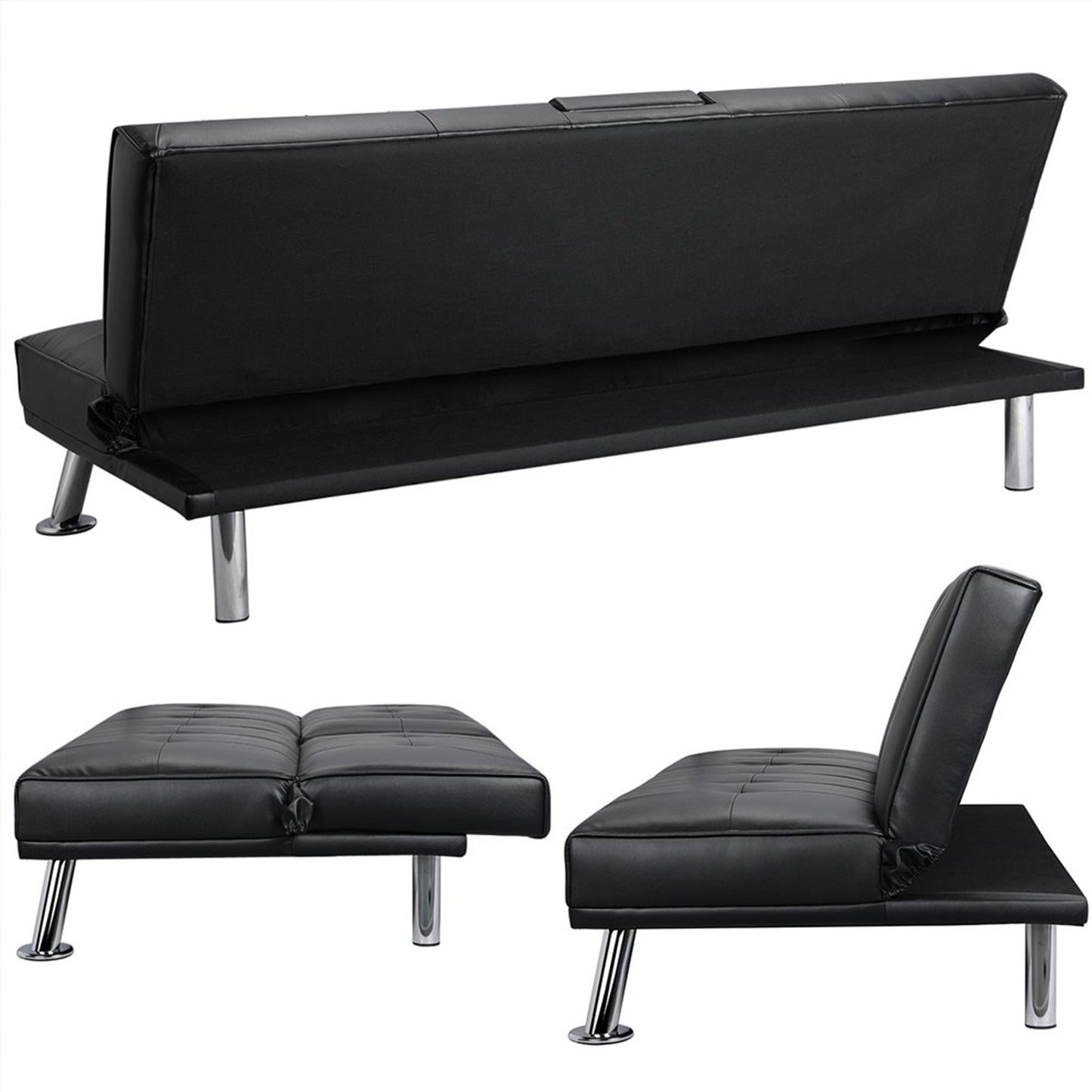 Modern Faux Leather Futon with Cupholders and Pillows, Black