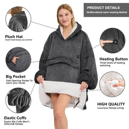 Heated Wearable Blanket, Oversized Wearable Heated Blanket for Adult, Sherpa Fleece Blanket Hoodie