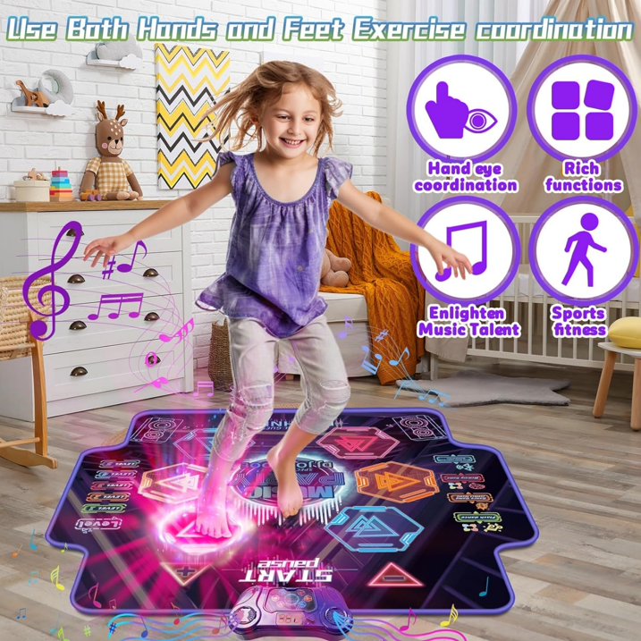 JUGAAD LIFE Dance Mat Toys for 3-10 Year Old Girls, 6-Button Light Up Dance Pad with Music Dance Game Mat Christmas Birthday Gifts for Girls & Boys Ages 3-6 Years Old