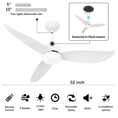 WOZZIO 52'' White Ceiling Fan with Light and Remote Control, 2 Options Installations, 3 ABS Fan Blades, Home