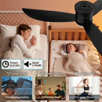 Wozzio 52'' Black Ceiling Fan with Light and Remote Control, 2 Options Installations, 3 ABS Fan Blades, Home