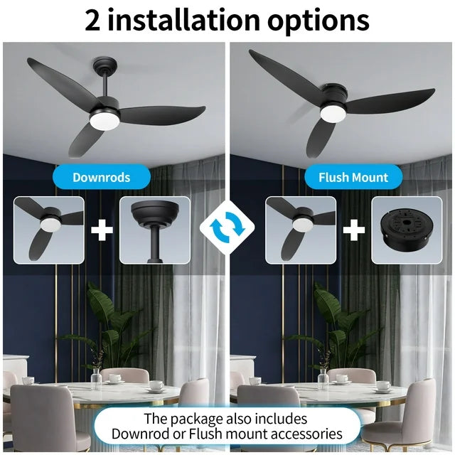 Wozzio 52'' Black Ceiling Fan with Light and Remote Control, 2 Options Installations, 3 ABS Fan Blades, Home