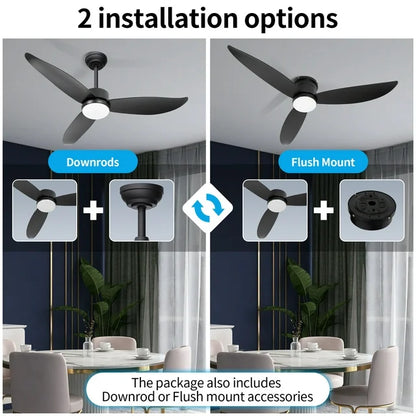 Wozzio 52'' Black Ceiling Fan with Light and Remote Control, 2 Options Installations, 3 ABS Fan Blades, Home