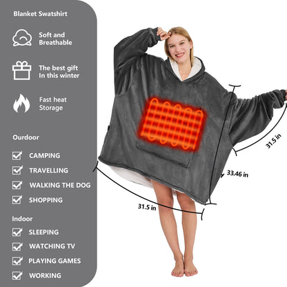 Heated Wearable Blanket, Oversized Wearable Heated Blanket for Adult, Sherpa Fleece Blanket Hoodie