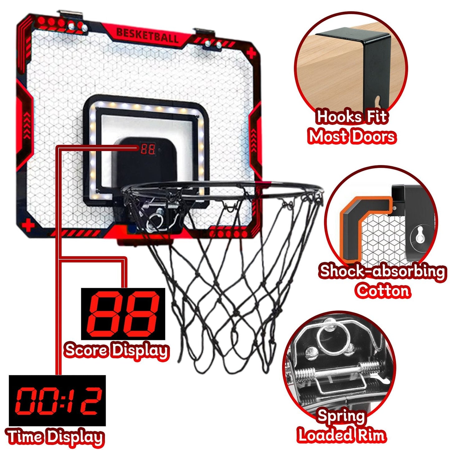 JUGAAD LIFE Basketball Hoop for Kids, Indoor Over the Door Mini Basketball Hoops with LED Lighting and Sounds, Electronic Scoreboard and 3 Balls, Basketball Toys Gifts for Boys Girls-Red