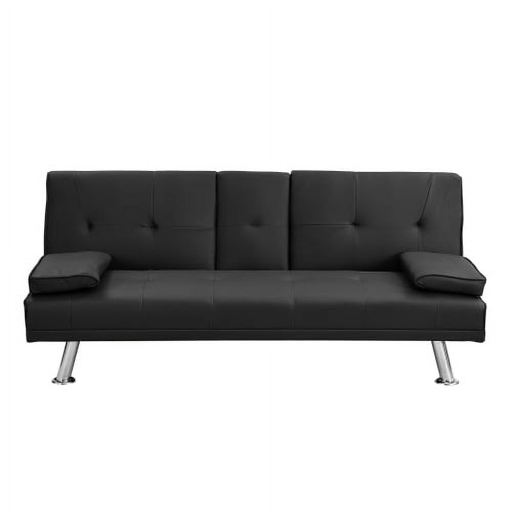 Modern Faux Leather Futon with Cupholders and Pillows, Black