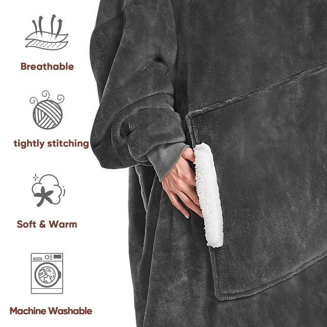 Wearable Blanket Hoodie, Flannel Sherpa Fleece Blanket Sweatshirt for Adults Women Men