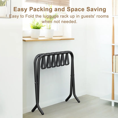 JOZ Luggage Rack Pack of 2, Folding Metal Suitcase Stand with Nylon Straps and Steel Frame, for Guest Room, Hotel, Bedroom, Steel Frame, Holds up to 130 lb, Black