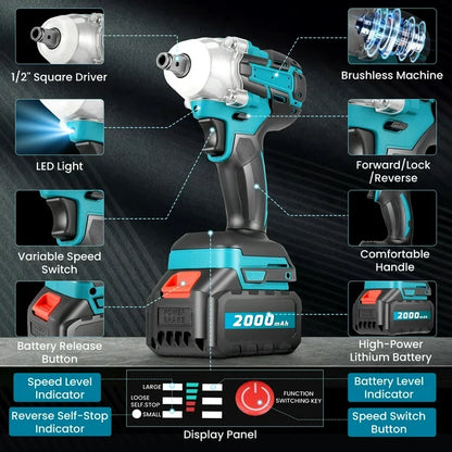 RELOIVE Cordless Impact Wrench 1/2", 332ft-lbs (450N.m) High Torque Impact Wrench with 2x 2.0A Batteries Brushless Motor Electric Impact Gun Impact Driver for Car Home