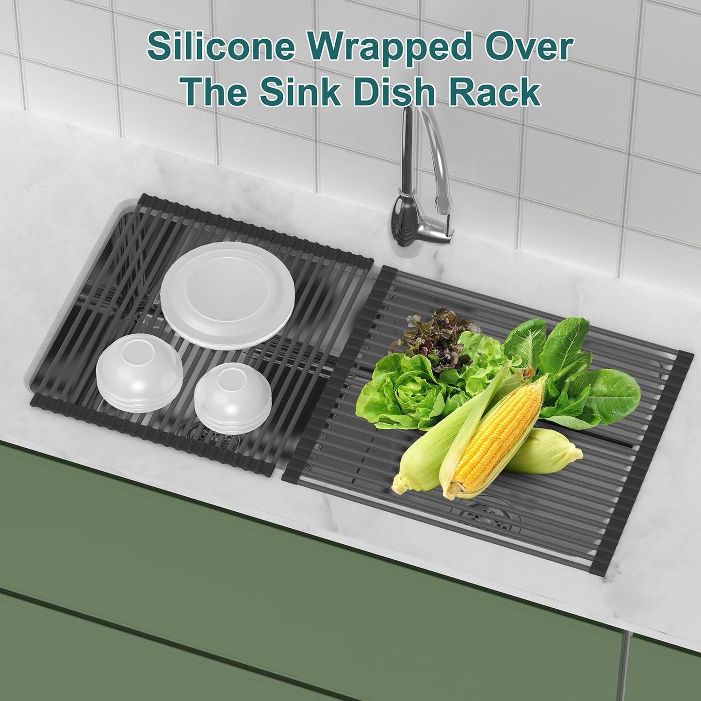 Over Sink Foldable Multipurpose Roll-Up Dish Drying Rack, Silicone Wrapped Stainless Steel 19.6''x 15.7''