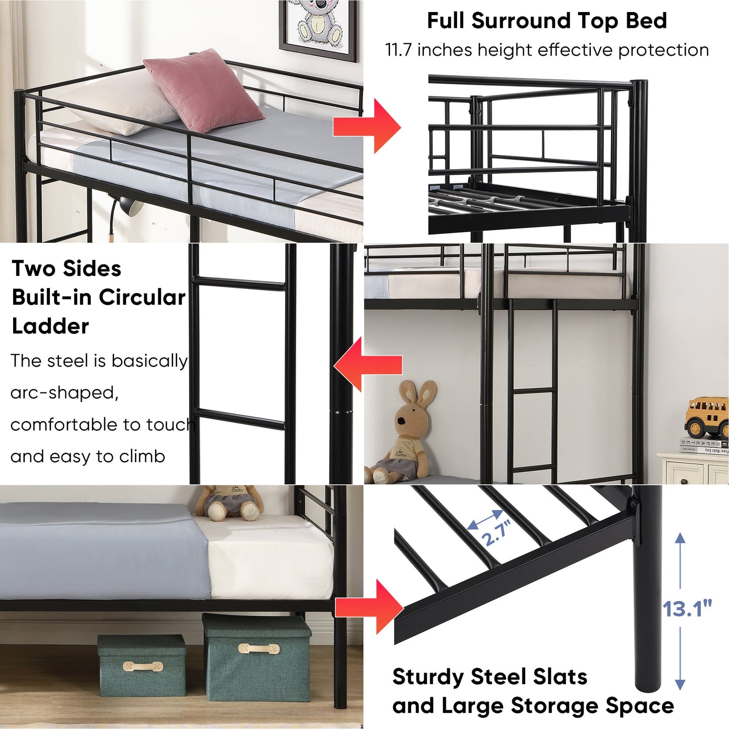 Twin Over Twin Metal Bunk Bed with 2 Ladder for Kids Bedroom,Heavy Duty Twin Size Bunk Beds with Full-Length Guardrail, 400lbs Weight Capacity, No Box Spring Needed,Black