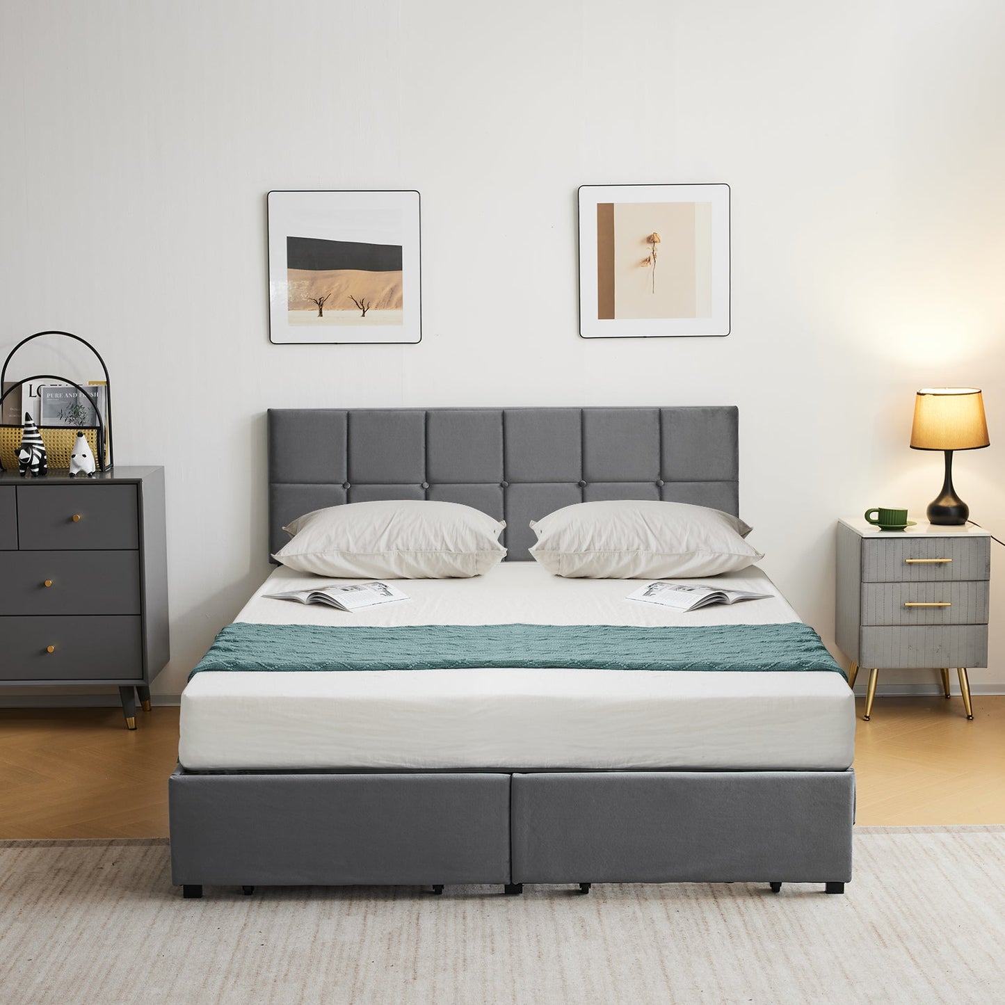 Zimtown Queen Size Platform Bed Frame with 2 Drawers, Fabric Upholstered Headboard, No Box Spring Needed, Gray