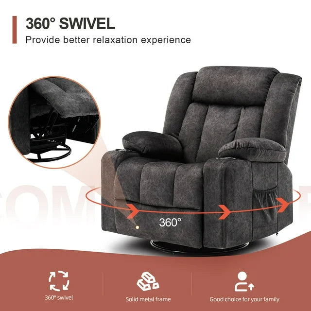 Comhoma Massage Recliner Chair 37.48" Wide 360° Swiveling Sofa Heated Massage Rocker, Gray