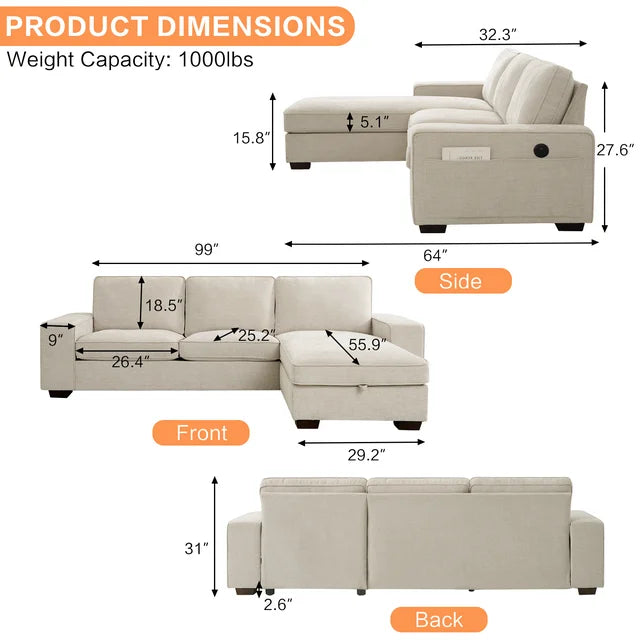 99" Convertible Sectional Sofa,Chenille L Shape Sofa, Modern Couch w/USB & Type-C Chargers, Side Pockets, Washable Cushion Cover, Couch for Living Room Bedroom,Small Space(Beige)