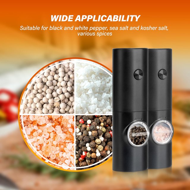 Salt and Pepper Grinder Set, Battery Powered with LED light, Adjustable Coarseness, Automatic Grinding for Kitchen, ABS Material, 2 Pack, Black