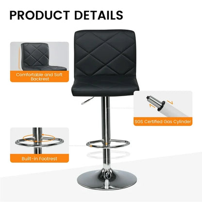 COMHOMA Bar Stools, Modern PU Leather Swivel Adjustable Hydraulic Bar Stool With 16.1” Wide Base Square Counter Bar Stool Set of 2, Black