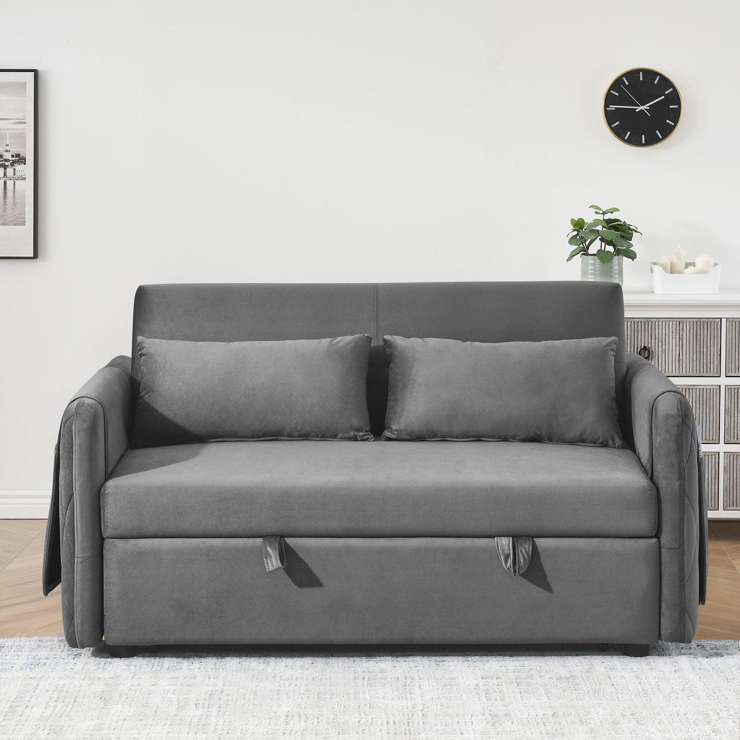 3 in 1 Convertible Sleeper Sofa Bed,55" Modern Velvet Pull Out Sofa Bed with 2 Pillows and 2 Detachable Pockets,Upholstered Loveseat Sofa Couch with Adjustable Backrest for Living Room Office,Gray