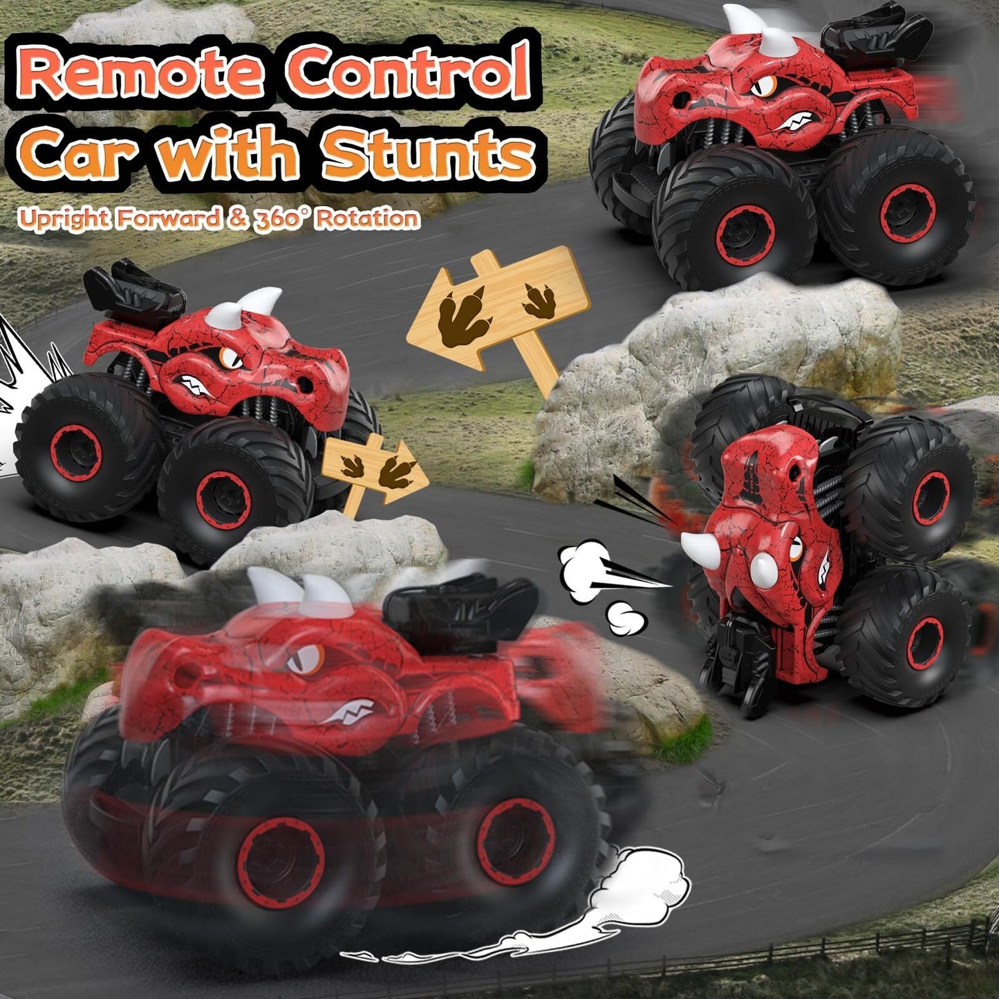 JUGAAD LIFE Dinosaur Remote Control Car 2.4GHz RC Monster Trucks for Boys Girls with Light, Sound & Spray, Dinosaur Toys Christmas Gift for Kids 3 4 5 6 7 8 Years Old-Red