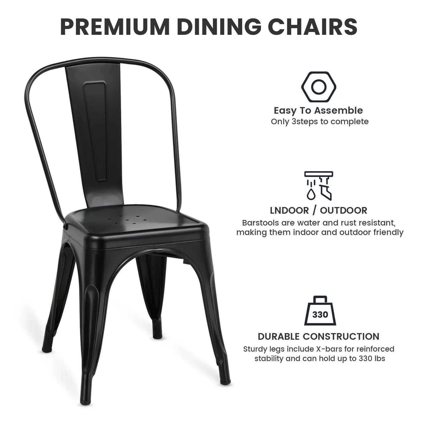 COMHOMA Metal Dining Chair Industrial Modern Iron Stackable Bistro Chair Set of 4, Black