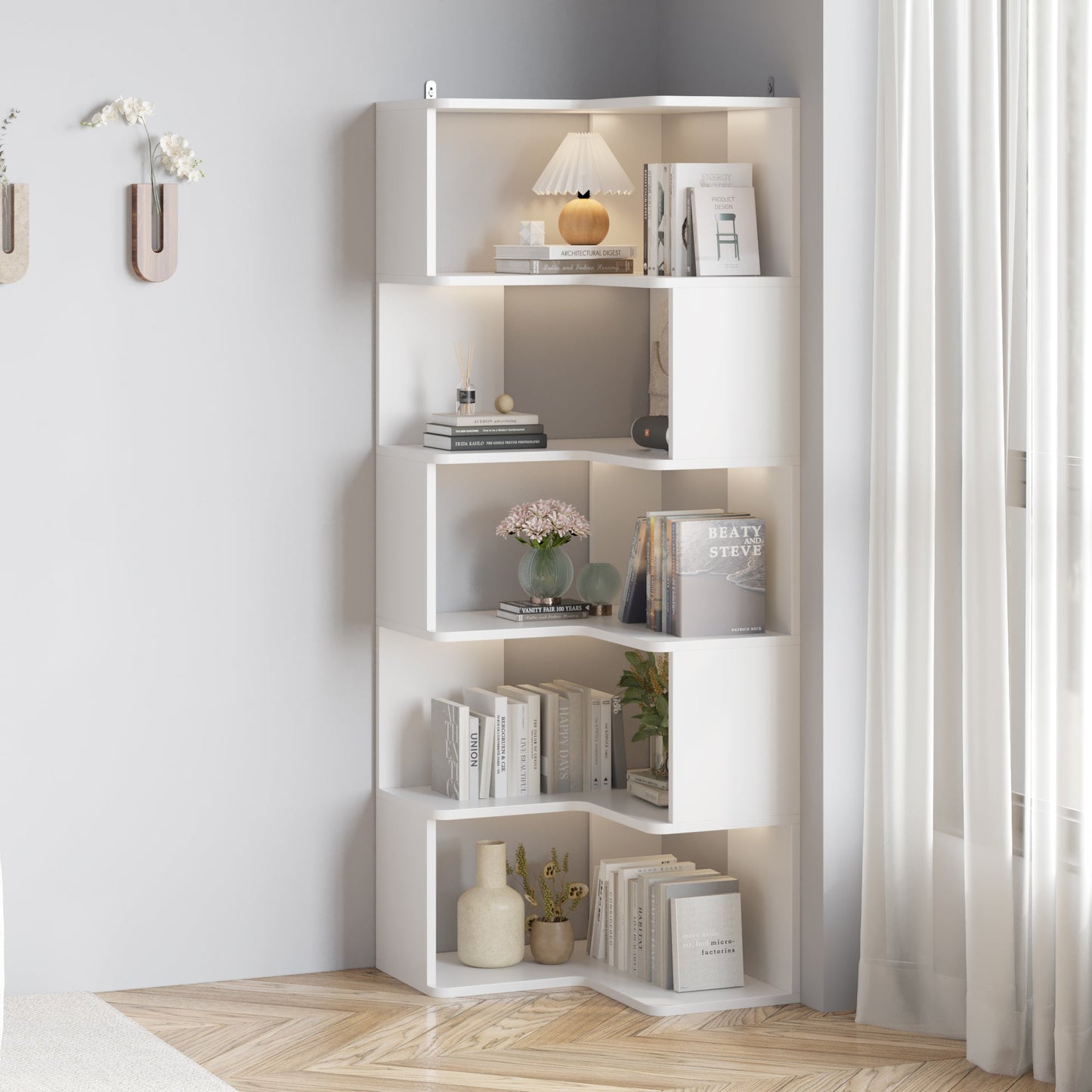 FCH 6-Tier Modern Corner Bookshelf Storage Display Rack Corner Bookcase Shelving Units White