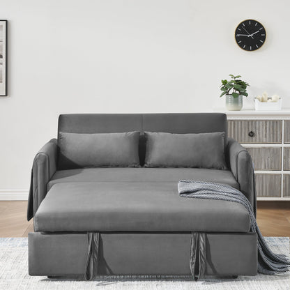 3 in 1 Convertible Sleeper Sofa Bed,55" Modern Velvet Pull Out Sofa Bed with 2 Pillows and 2 Detachable Pockets,Upholstered Loveseat Sofa Couch with Adjustable Backrest for Living Room Office,Gray