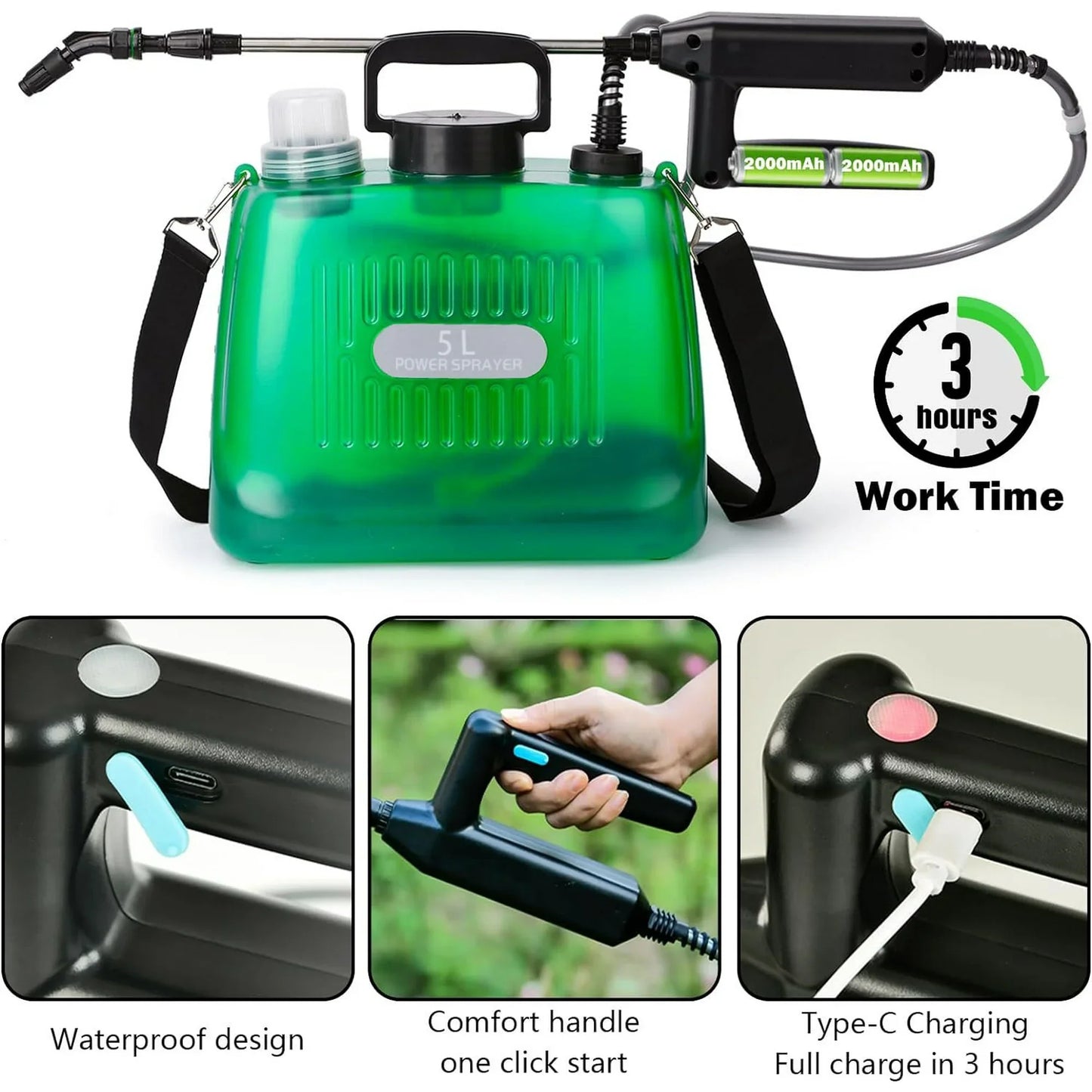 Upgrade Powerful Electric Garden Sprayer with 4 Mist Nozzles, 1.35 Gal Lawn Battery Powered Sprayer with USB Rechargeable Handle and Telescopic Wand, with Shoulder Strap for Gardening Green