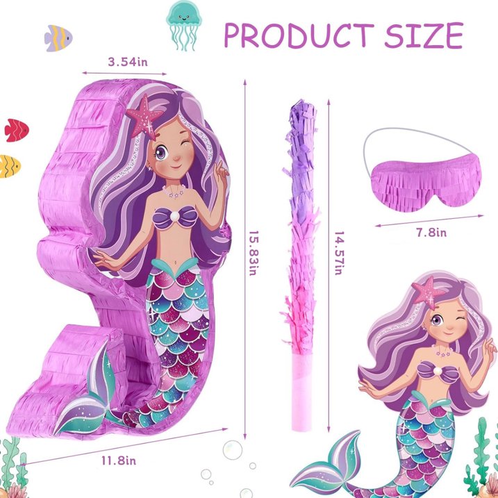 JUGAAD LIFE Mermaid Pinata - Mermaid Party Supplies Pinata Bundle with Blindfold and Bat for Girls Kids Birthday Party Game Decorations