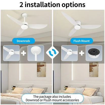 WOZZIO 52'' White Ceiling Fan with Light and Remote Control, 2 Options Installations, 3 ABS Fan Blades, Home