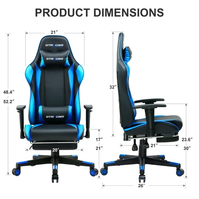 GTRACING Gaming Chair with Footrest Ergonomic Reclining Office Chair Swivel Rocker, Blue