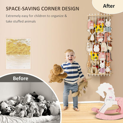 Wood Stuffed Animal Storage Corner Cage, Kids Stuffed Animals Holder with Lights Led Light & Adjustable Length, Nursery Wall Hanging Plush Toy Stuffed Animal Zoo Organizer for Kids Room Bedroom