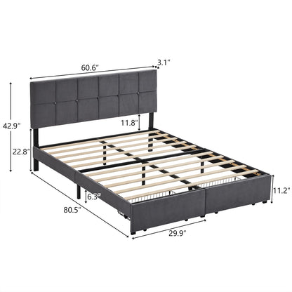 Zimtown Queen Size Platform Bed Frame with 2 Drawers, Fabric Upholstered Headboard, No Box Spring Needed, Gray